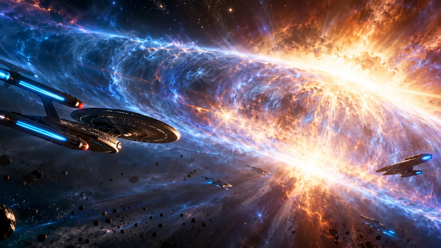 Illustration du Brasier : un vaisseau face à une onde lumineuse et à des débris dans l’espace.